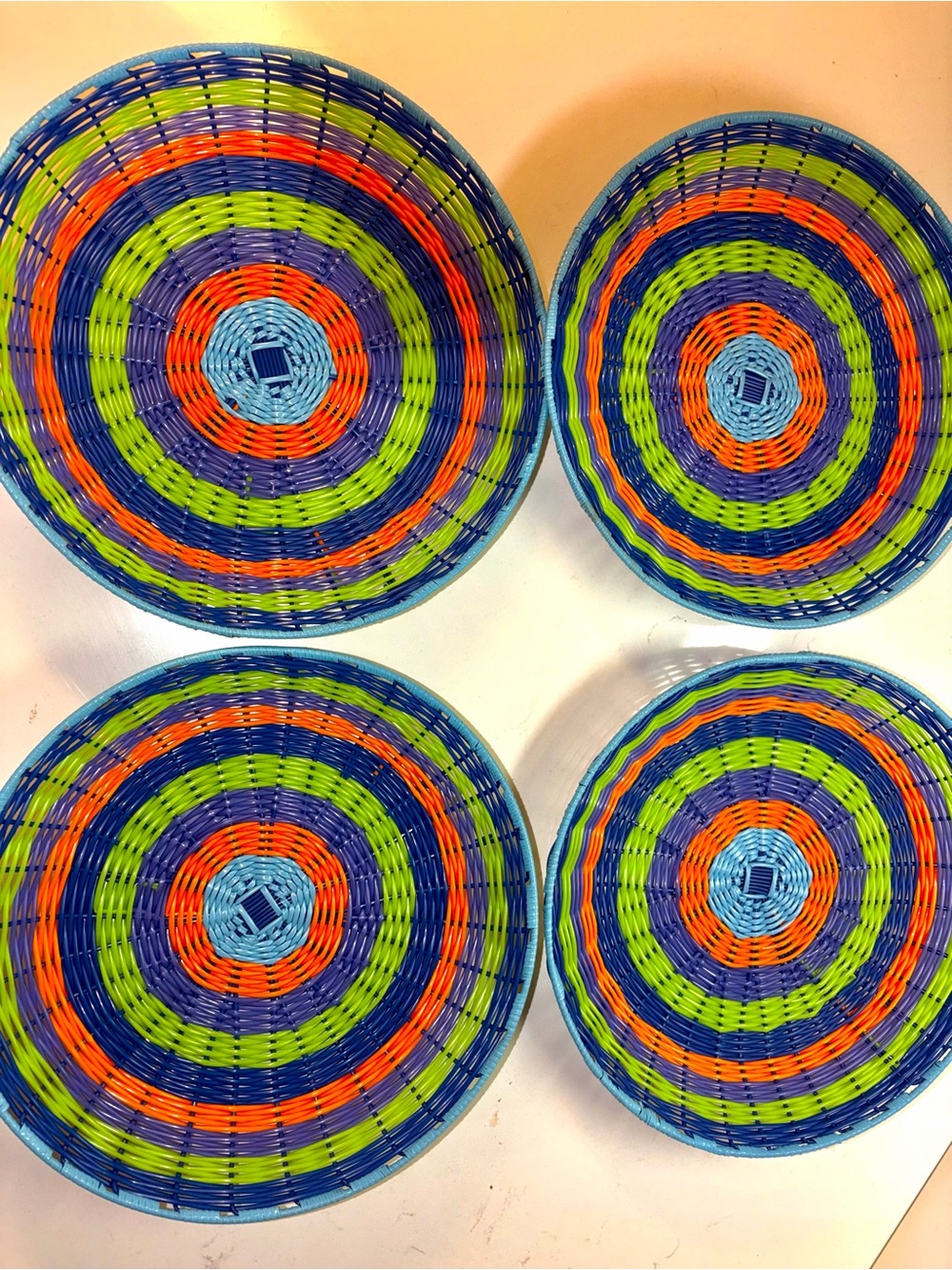 Handwoven Decorative Serving Baskets/Plate Holder- Blue, Green & Orange (4)